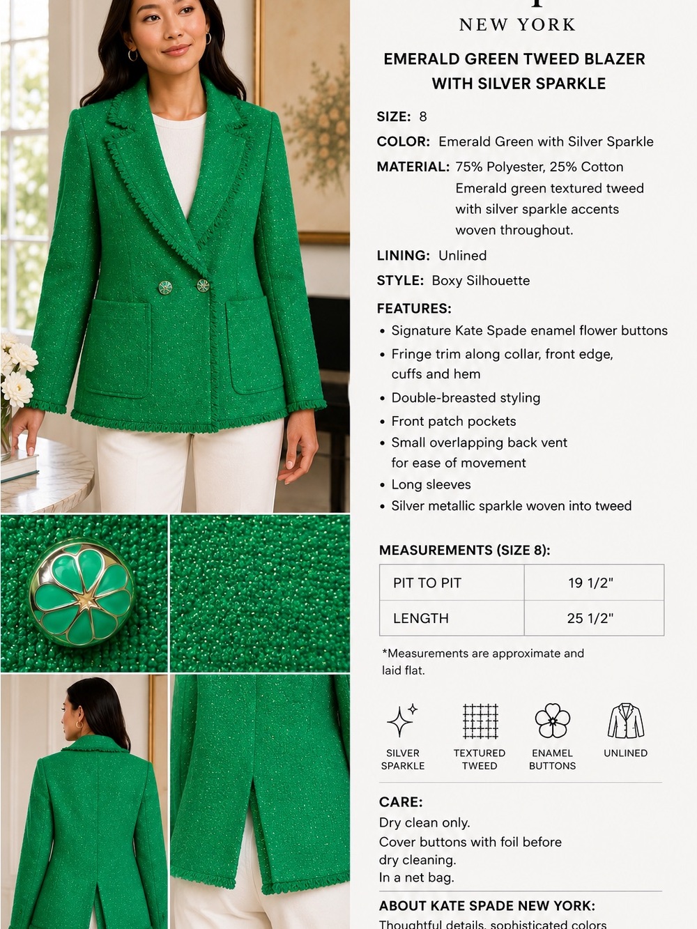 New without Tags K Cate S pade Green Tweed Double-Breasted Blazer.